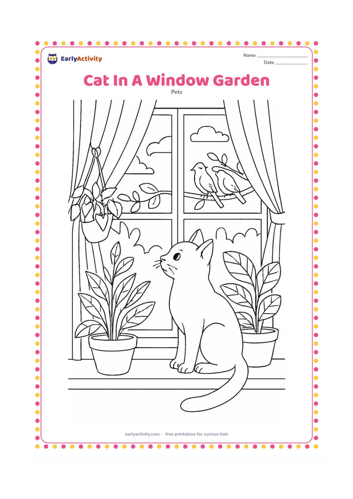 Colouring page: Draw a cat perched safely on a wide indoor windowsill among several potted plants, looking toward birds in a distant tree outside. Include curtains, window panes, leaf veins, and a…