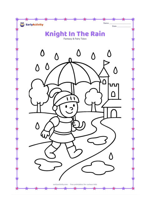 Colouring page: A cheerful knight walks along a village path under a large round umbrella, with a small castle, puddles, and two leafy trees nearby. Include a simple covered porch in the background.