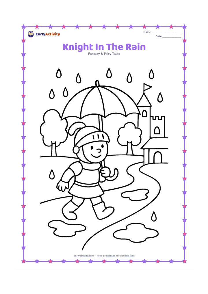 Colouring page: A cheerful knight walks along a village path under a large round umbrella, with a small castle, puddles, and two leafy trees nearby. Include a simple covered porch in the background.
