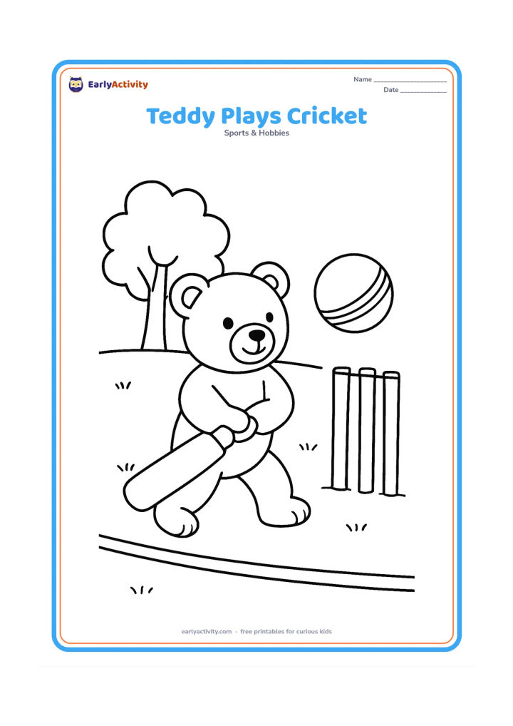 Colouring page: A teddy bear swings a cricket bat toward a large ball on a simple grassy field, with three plain wickets behind it. Add a low boundary rope and one leafy tree.