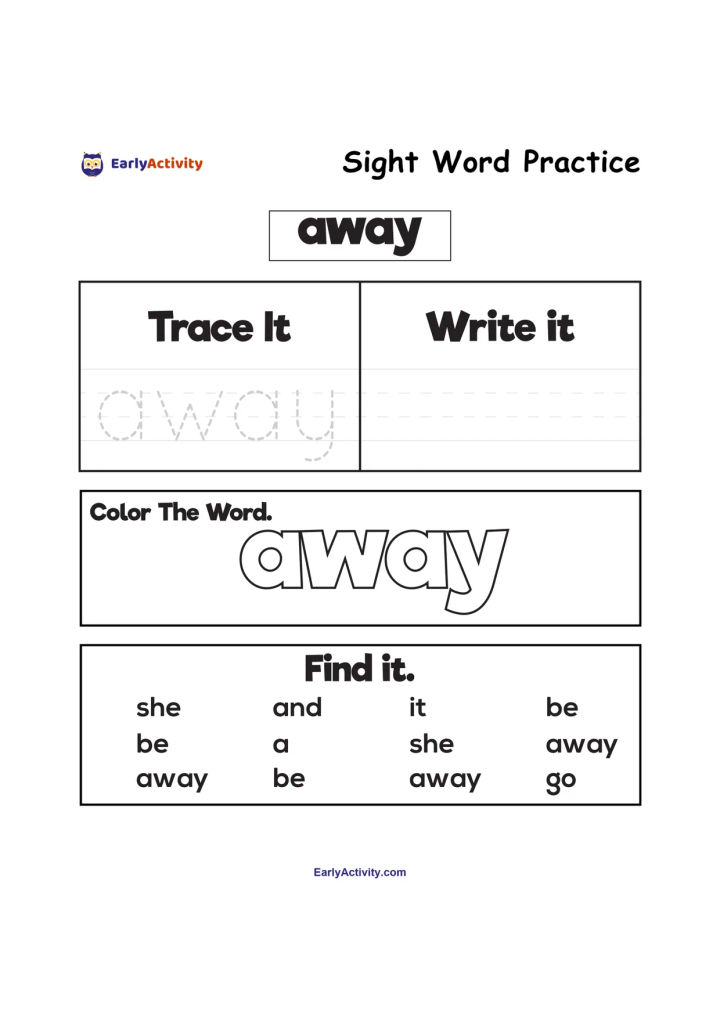 Worksheet for practising the sight word “away” with tracing, writing, colouring and word-finding activities.