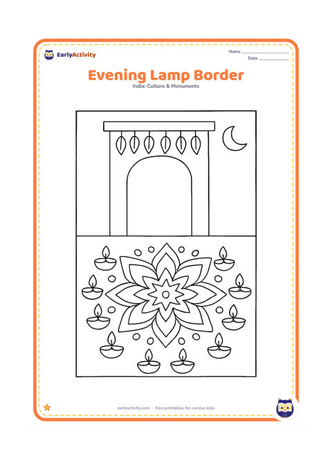 Colouring page: Draw a symmetrical rangoli with a central star-flower and a border of evenly spaced oil lamps, set near a doorway at evening. Add simple hanging leaves above the entrance and a crescent…