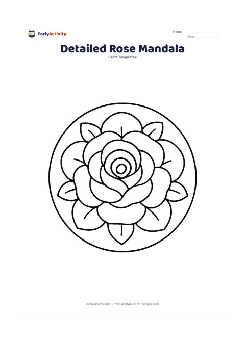 Worksheet: A large symmetrical rose seen from above, with several carefully layered rounded petals radiating around a curved central coil and small leaves forming an outer ring. Keep the full…