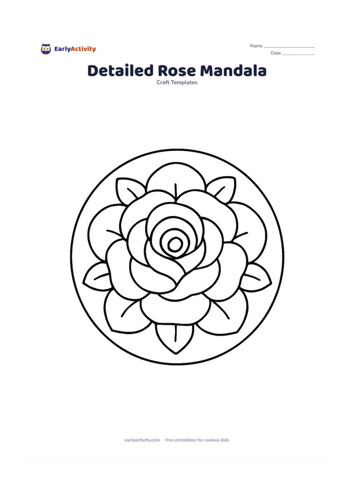 Worksheet: A large symmetrical rose seen from above, with several carefully layered rounded petals radiating around a curved central coil and small leaves forming an outer ring. Keep the full…