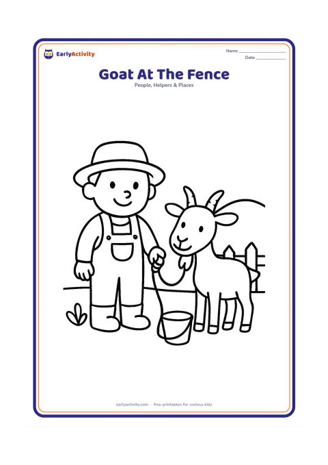 Colouring page: A farmer holds a rope beside a friendly goat near a short fence. Add a small leafy plant, a bucket, and a low hill in the background.