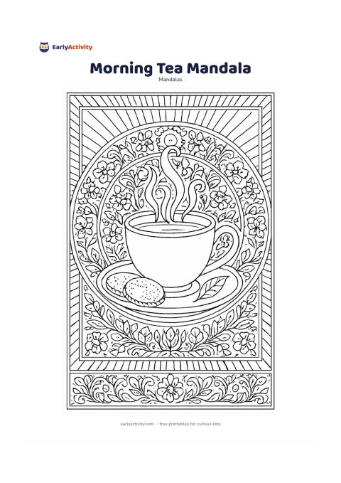 Colouring page: Place a steaming cup of tea on a saucer at the centre of a circular mandala, surrounded by biscuits, tea leaves, floral shapes, rising steam curves, and repeating tablecloth-inspired…