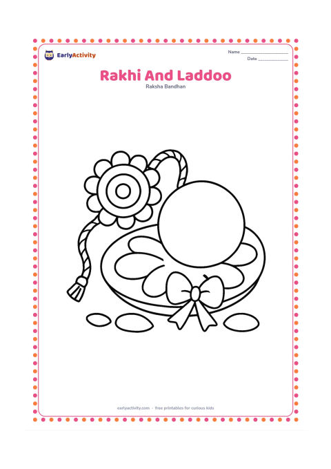 Colouring page: A large rakhi rests beside one large round laddoo on a simple dish. Add a few broad flower petals and a small ribbon bow around the dish.