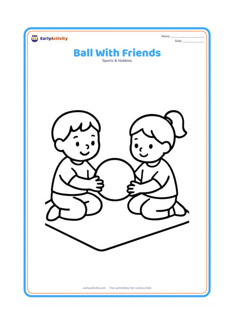 Colouring page: Two children sitting on the floor and passing a large round ball between them. Add a simple mat beneath them and leave plenty of open space.