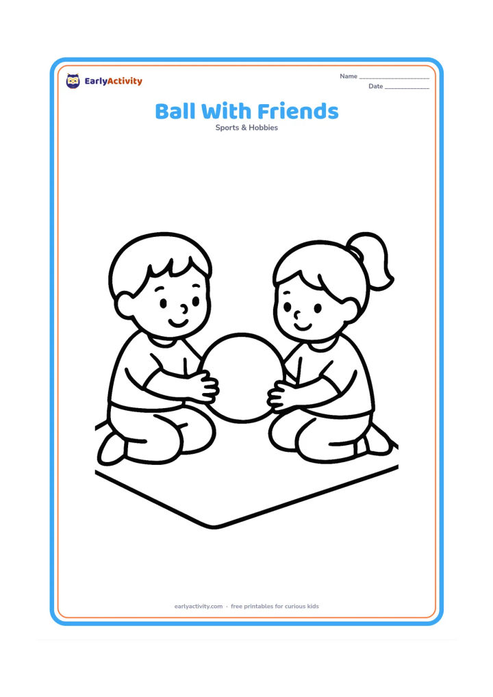 Colouring page: Two children sitting on the floor and passing a large round ball between them. Add a simple mat beneath them and leave plenty of open space.