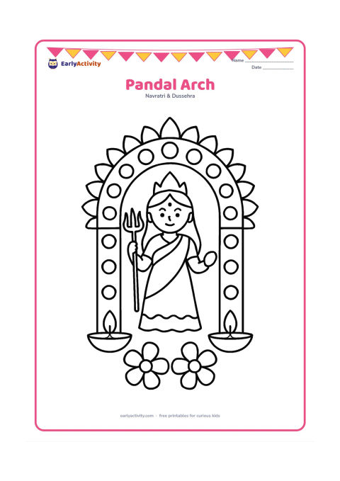Colouring page: A large decorated pandal arch frames a simple Durga figure, with two diyas and large flower shapes at the base. The arch should be symmetrical and contain no signs, letters, or numbers.