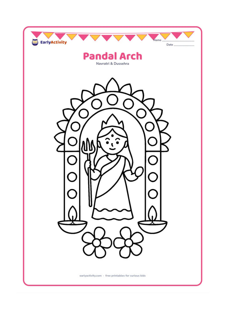 Colouring page: A large decorated pandal arch frames a simple Durga figure, with two diyas and large flower shapes at the base. The arch should be symmetrical and contain no signs, letters, or numbers.