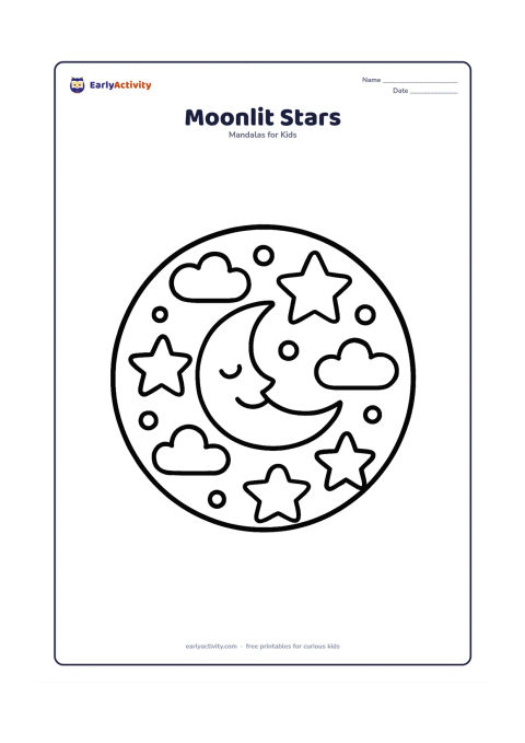 Colouring page: A circular mandala with a smiling crescent moon at the centre, surrounded by large five-point stars, round dots and simple cloud shapes. Keep the night scene cheerful and spacious.