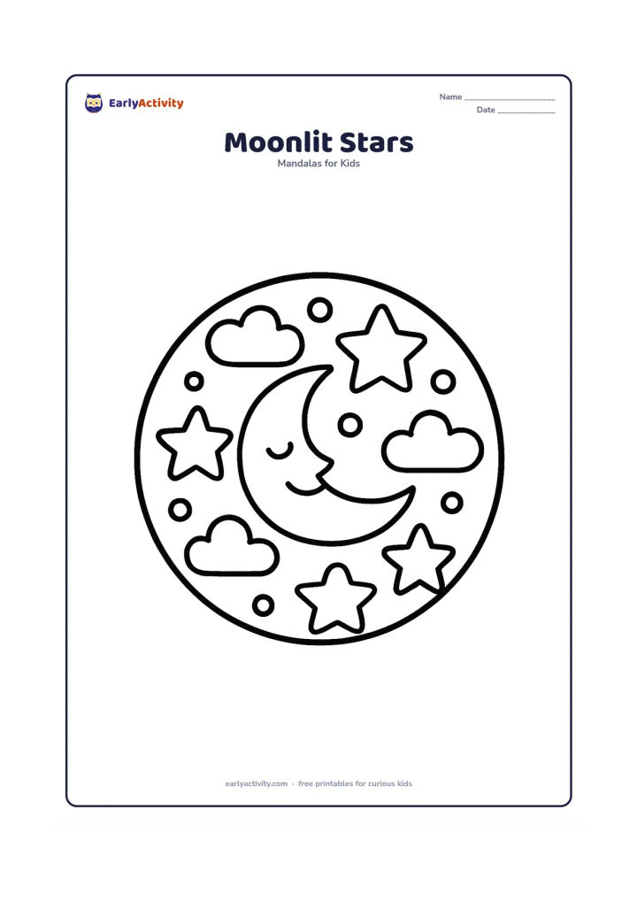 Colouring page: A circular mandala with a smiling crescent moon at the centre, surrounded by large five-point stars, round dots and simple cloud shapes. Keep the night scene cheerful and spacious.