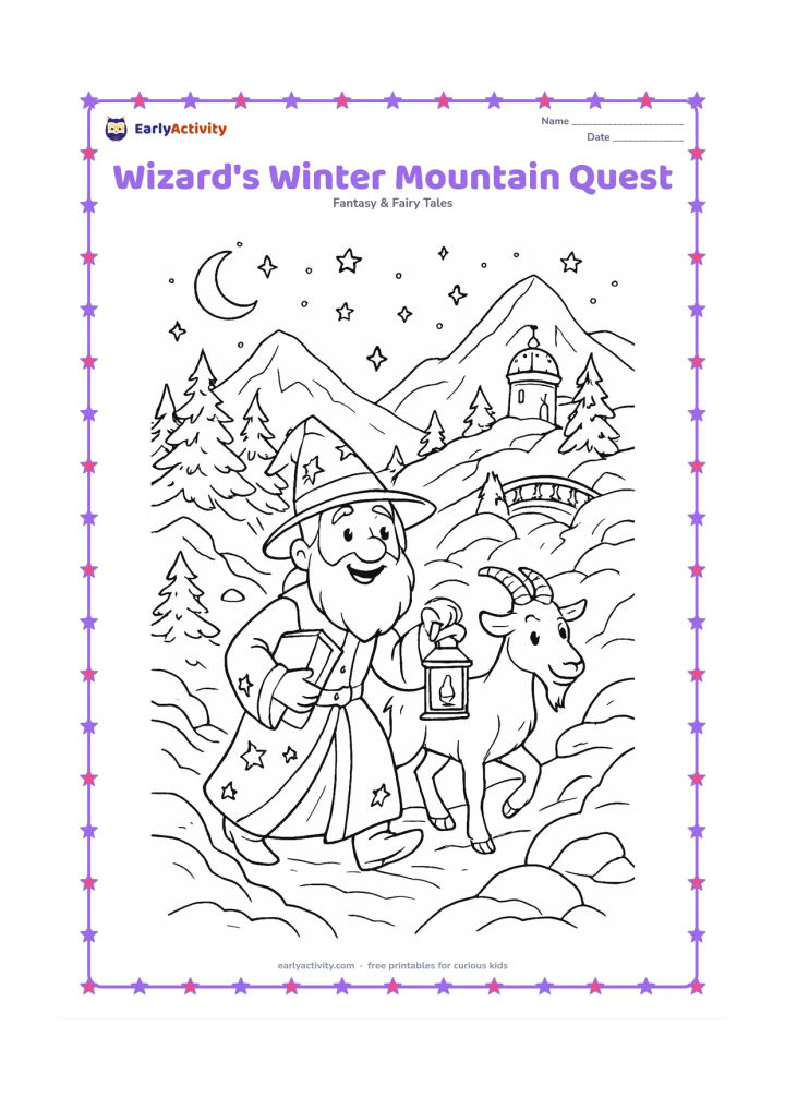 Colouring page: A cheerful wizard climbs a snowy mountain path with a friendly goat, carrying a closed spell book and a lantern. Show pine trees, snow-covered rocks, a mountain observatory, a bridge and…