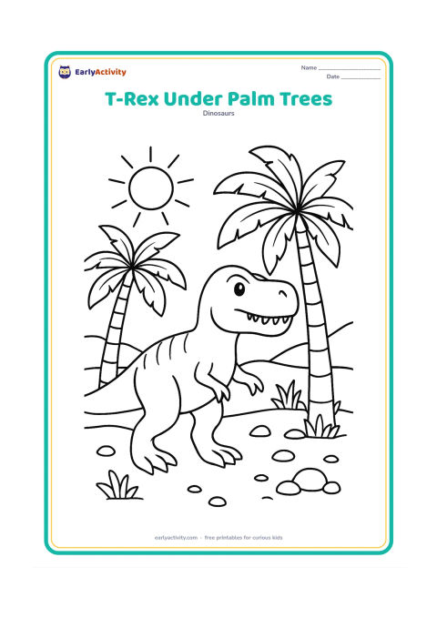 Colouring page: A T-Rex walks beneath two palm trees in a sunny prehistoric landscape, with broad leaves, sandy ground, scattered stones, and a distant ridge. Its mouth is slightly open with a few clear…