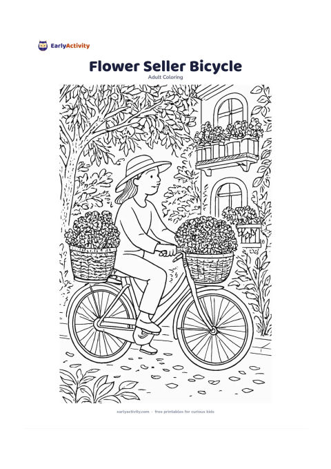 Colouring page: Draw a flower seller riding slowly beside a bicycle loaded with baskets of marigolds and jasmine, along a leafy neighbourhood lane. Include flowering balcony plants, a stray-free street,…