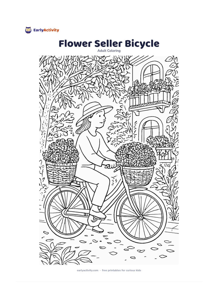 Colouring page: Draw a flower seller riding slowly beside a bicycle loaded with baskets of marigolds and jasmine, along a leafy neighbourhood lane. Include flowering balcony plants, a stray-free street,…