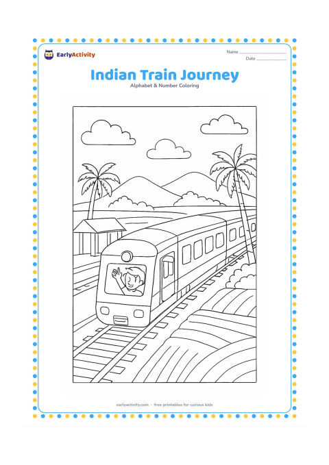 Colouring page: Draw an Indian passenger train passing through a countryside scene with a child waving from a window, palm trees, fields, a small station shelter, and distant hills. Keep all train…
