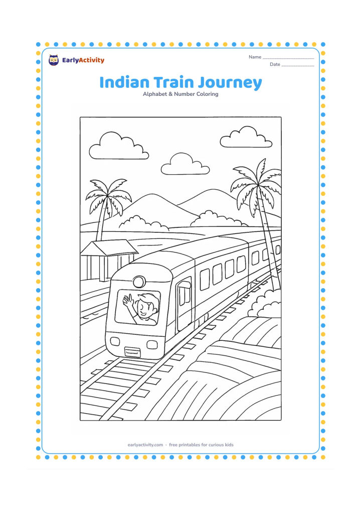 Colouring page: Draw an Indian passenger train passing through a countryside scene with a child waving from a window, palm trees, fields, a small station shelter, and distant hills. Keep all train…