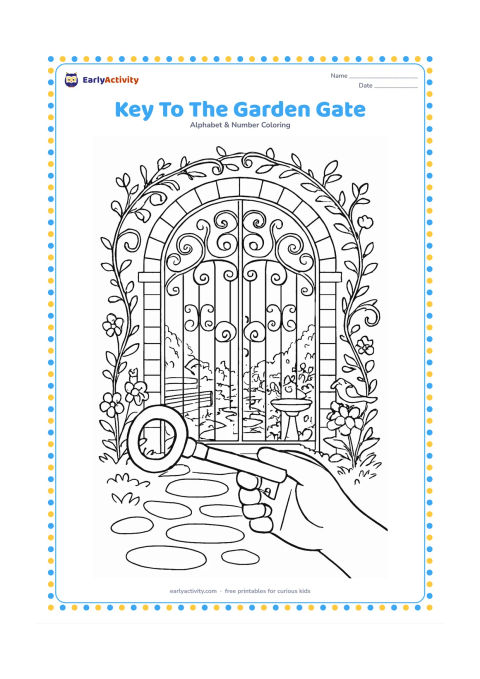 Colouring page: A hand holds a large key near an ornate garden gate covered with curling vines. Behind the gate, show a stone path, flowering plants, a bench and a small birdbath.