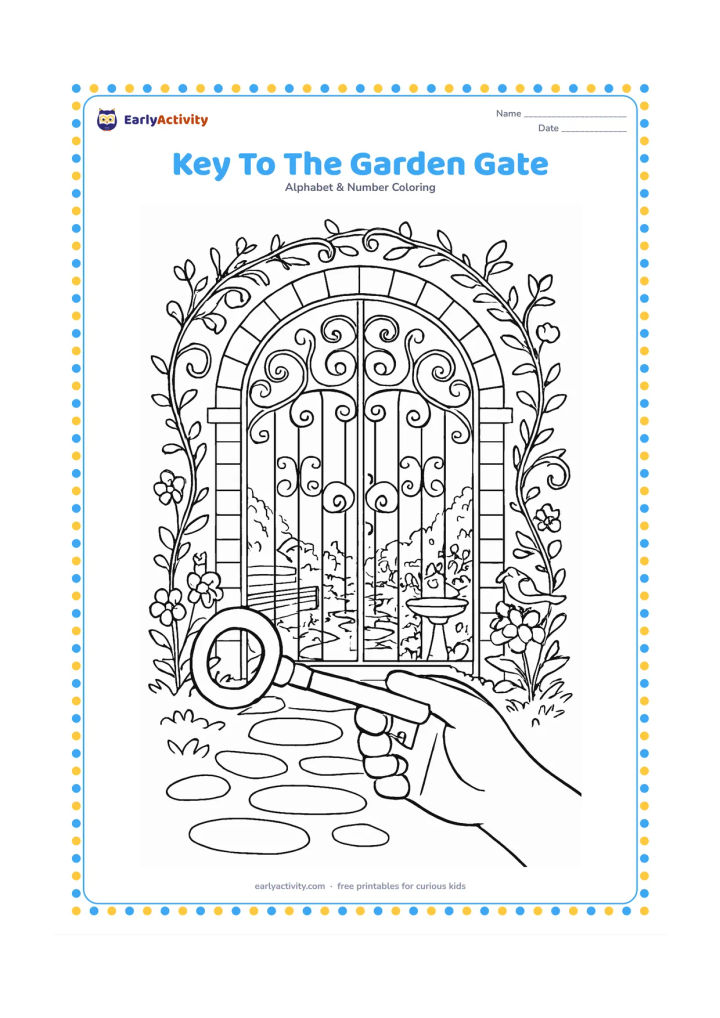 Colouring page: A hand holds a large key near an ornate garden gate covered with curling vines. Behind the gate, show a stone path, flowering plants, a bench and a small birdbath.