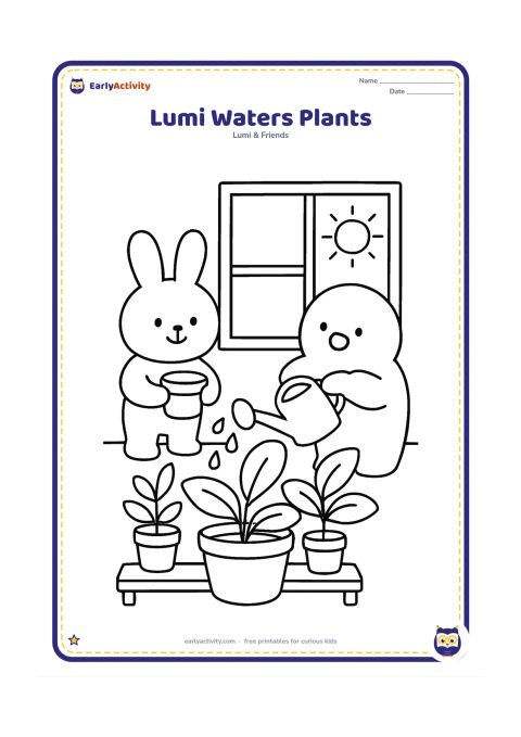 Colouring page: Lumi waters three large potted plants beside a sunny classroom window while a friend carries a small empty pot. Show broad leaves, a watering can and a low plant shelf.
