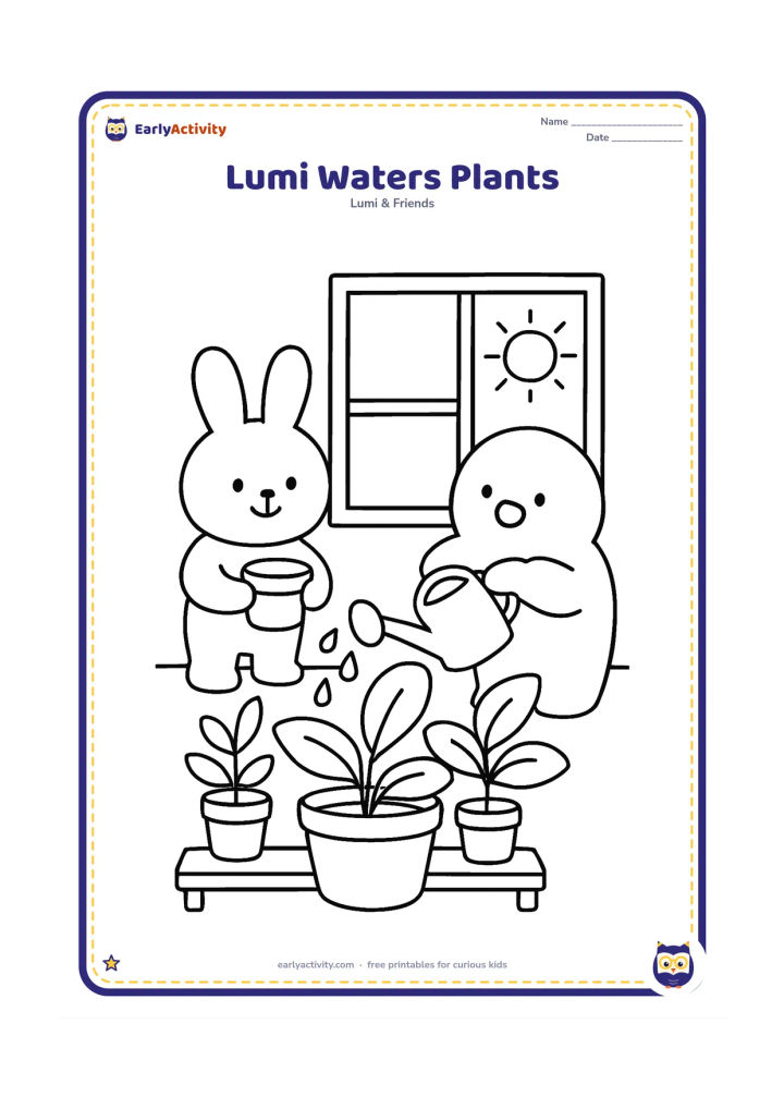 Colouring page: Lumi waters three large potted plants beside a sunny classroom window while a friend carries a small empty pot. Show broad leaves, a watering can and a low plant shelf.
