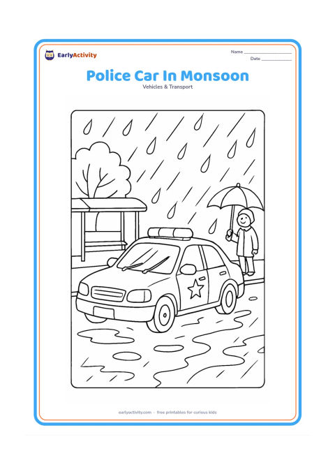 Colouring page: Draw a police car driving through a rainy Indian street, with windshield wipers, roof lights, puddles and several large raindrops. Add a covered bus shelter, a leafy tree and one person…