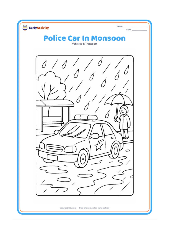 Colouring page: Draw a police car driving through a rainy Indian street, with windshield wipers, roof lights, puddles and several large raindrops. Add a covered bus shelter, a leafy tree and one person…