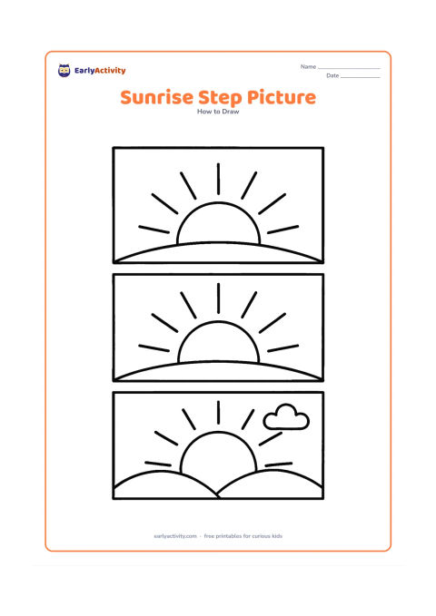 Worksheet: Arrange three separated drawing panels without labels: a low curved horizon, a sun rising behind it with rays, and a sunrise with two hills and a cloud. Make the stages clearly progress…