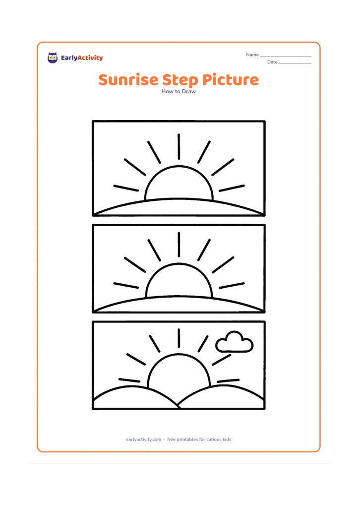 Worksheet: Arrange three separated drawing panels without labels: a low curved horizon, a sun rising behind it with rays, and a sunrise with two hills and a cloud. Make the stages clearly progress…