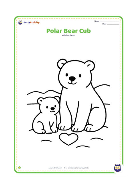 Colouring page: A small polar bear cub sits beside its larger parent on snow, both facing the viewer, with one heart-shaped snow patch between them.