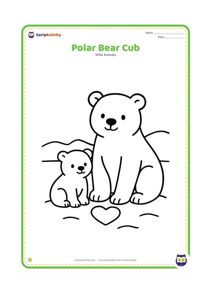Colouring page: A small polar bear cub sits beside its larger parent on snow, both facing the viewer, with one heart-shaped snow patch between them.