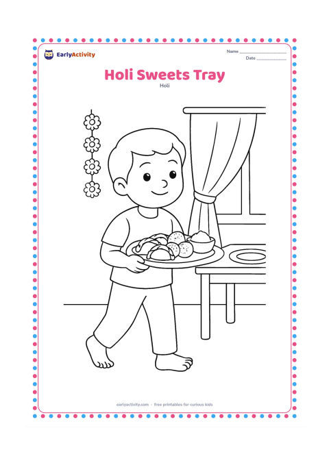 Colouring page: A child carries a tray of gujiya, laddus, and a small bowl of gulal through a family dining area. Include a table, a curtain, marigold flowers, and a second empty plate.