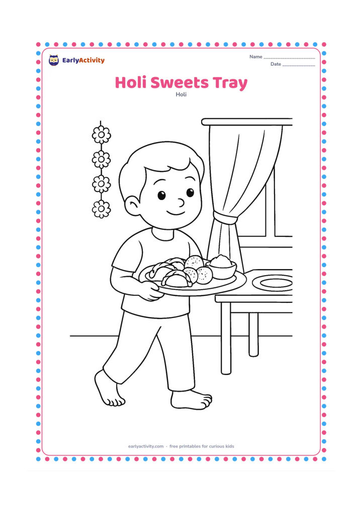 Colouring page: A child carries a tray of gujiya, laddus, and a small bowl of gulal through a family dining area. Include a table, a curtain, marigold flowers, and a second empty plate.