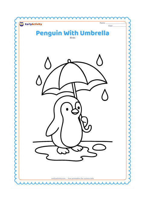 Colouring page: Draw a friendly penguin holding a large open umbrella while standing on a simple wet shoreline. Add three broad raindrops, a puddle, and one smooth stone.