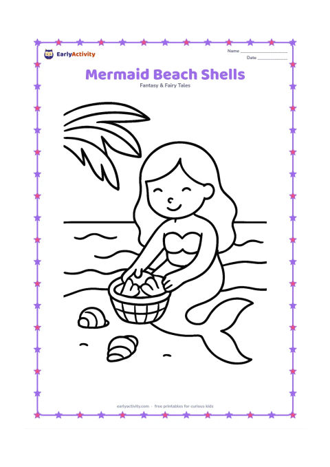 Colouring page: A mermaid sits in shallow water on a sandy beach and gathers two large shells into a small basket. Show a simple shoreline, one palm leaf and gentle wave shapes.