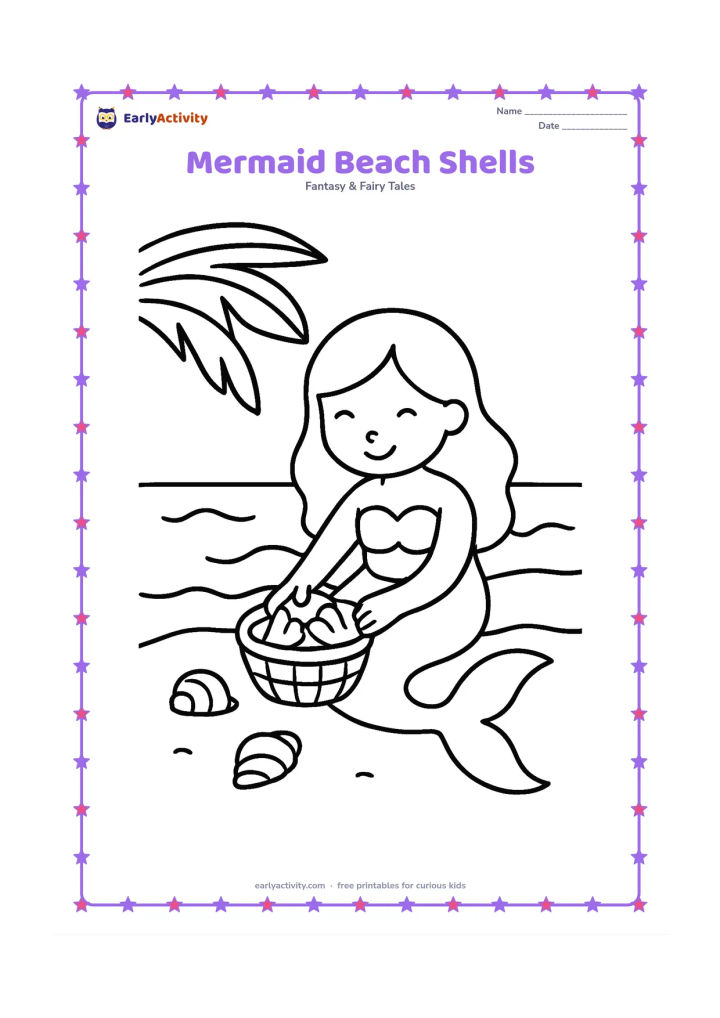 Colouring page: A mermaid sits in shallow water on a sandy beach and gathers two large shells into a small basket. Show a simple shoreline, one palm leaf and gentle wave shapes.