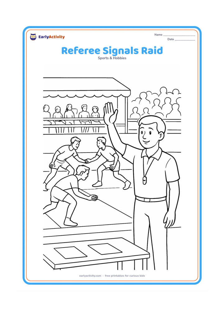 Colouring page: A referee stands in the foreground with one arm raised while a raider and defenders compete behind them on a fully marked court. Include a scorer's table with blank papers, benches,…