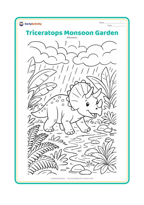 Colouring page: Draw a cheerful Triceratops walking through lush rain-soaked ferns in an imaginative prehistoric Indian monsoon setting. Add broad banana-like leaves, puddles, a small stream, rounded…