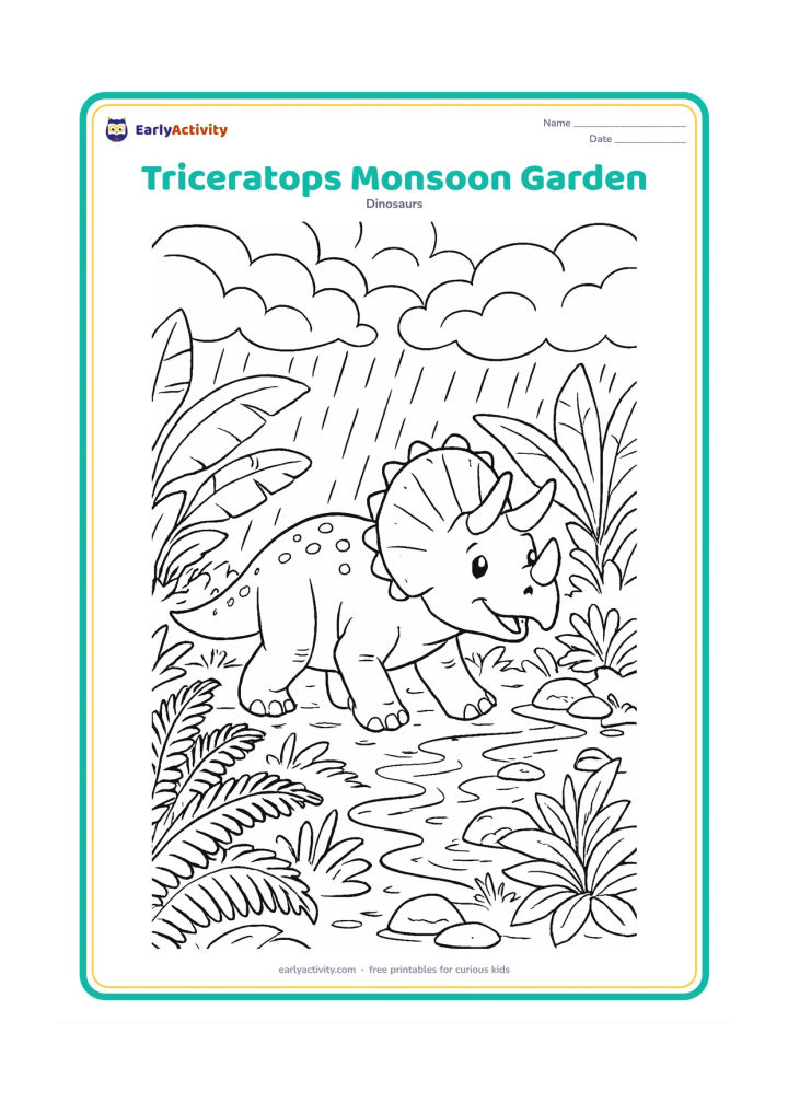 Colouring page: Draw a cheerful Triceratops walking through lush rain-soaked ferns in an imaginative prehistoric Indian monsoon setting. Add broad banana-like leaves, puddles, a small stream, rounded…