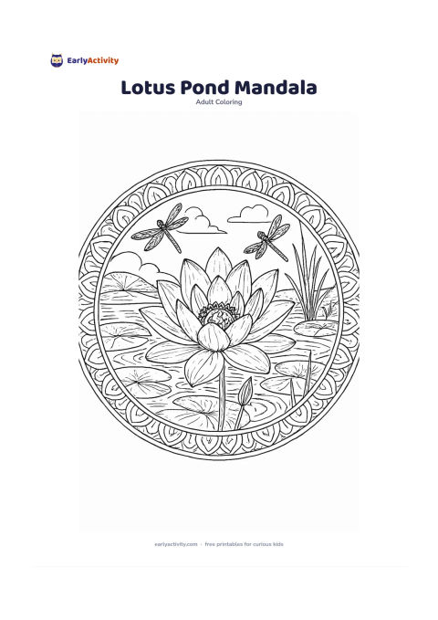 Colouring page: Draw a large open lotus flower floating on a pond, surrounded by layered lily pads, curling stems, water ripples, reeds, dragonflies and distant rounded hills. Arrange the scene inside a…