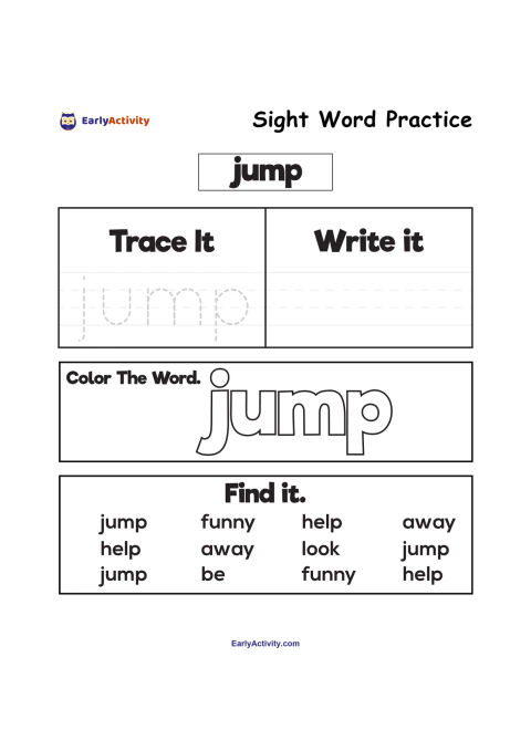 Worksheet for practising the sight word “jump” with tracing, writing, colouring and word-finding activities.