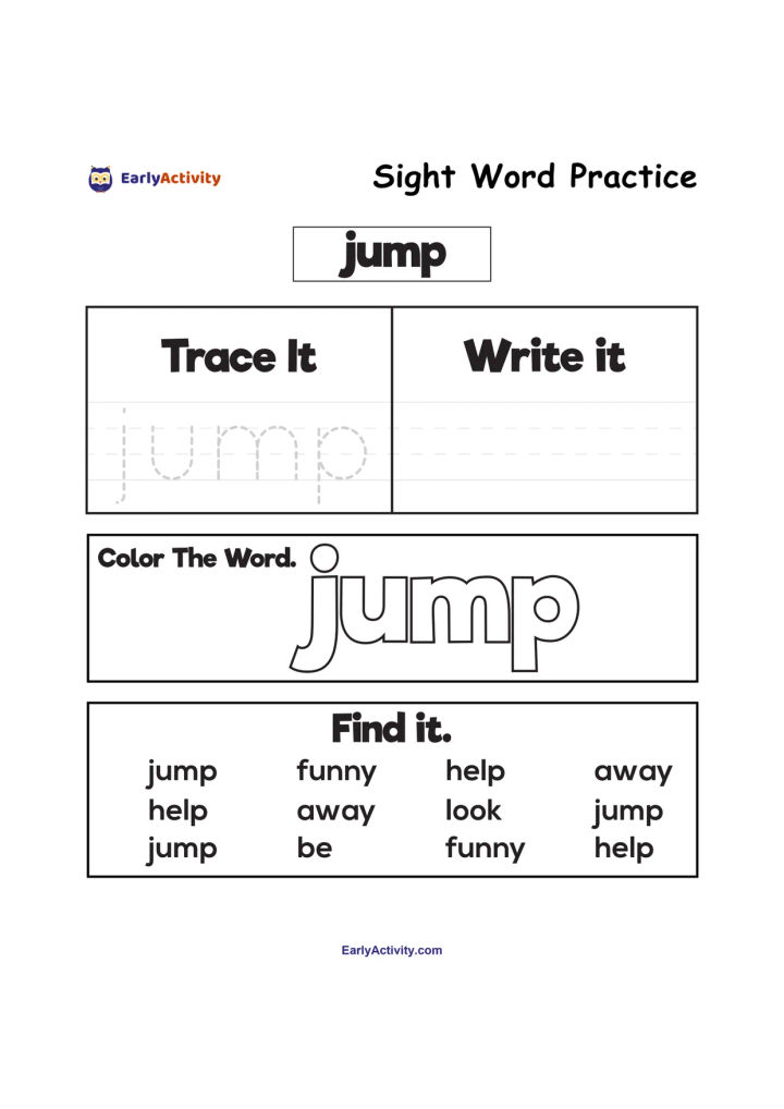 Worksheet for practising the sight word “jump” with tracing, writing, colouring and word-finding activities.