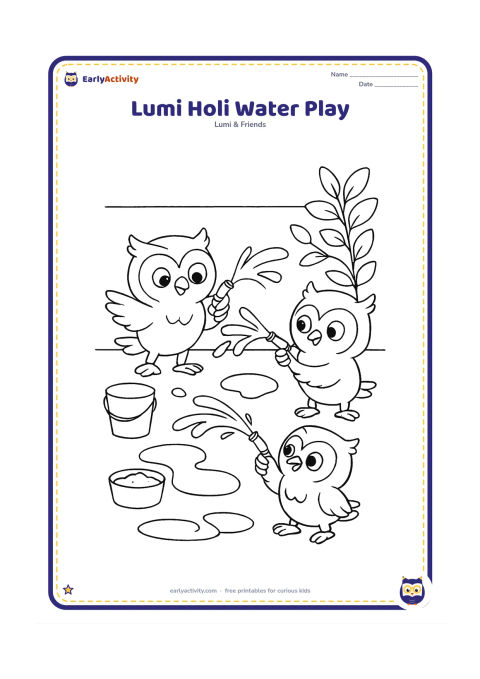 Colouring page: Lumi and two friend owls playfully spray water from small pichkaris in an open courtyard. Show buckets, puddle curves, powder bowls and a plain wall with leafy plants.