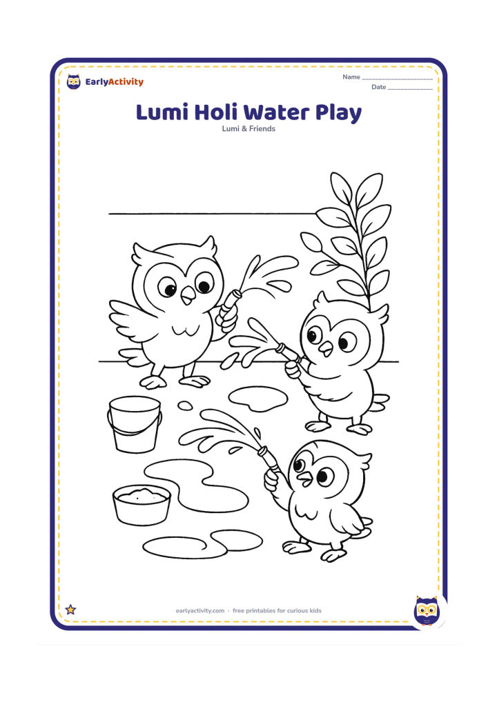 Colouring page: Lumi and two friend owls playfully spray water from small pichkaris in an open courtyard. Show buckets, puddle curves, powder bowls and a plain wall with leafy plants.