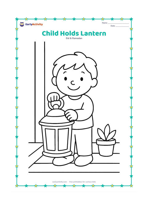 Colouring page: A smiling child holds a large lantern with both hands while standing beside a small potted plant on a porch.