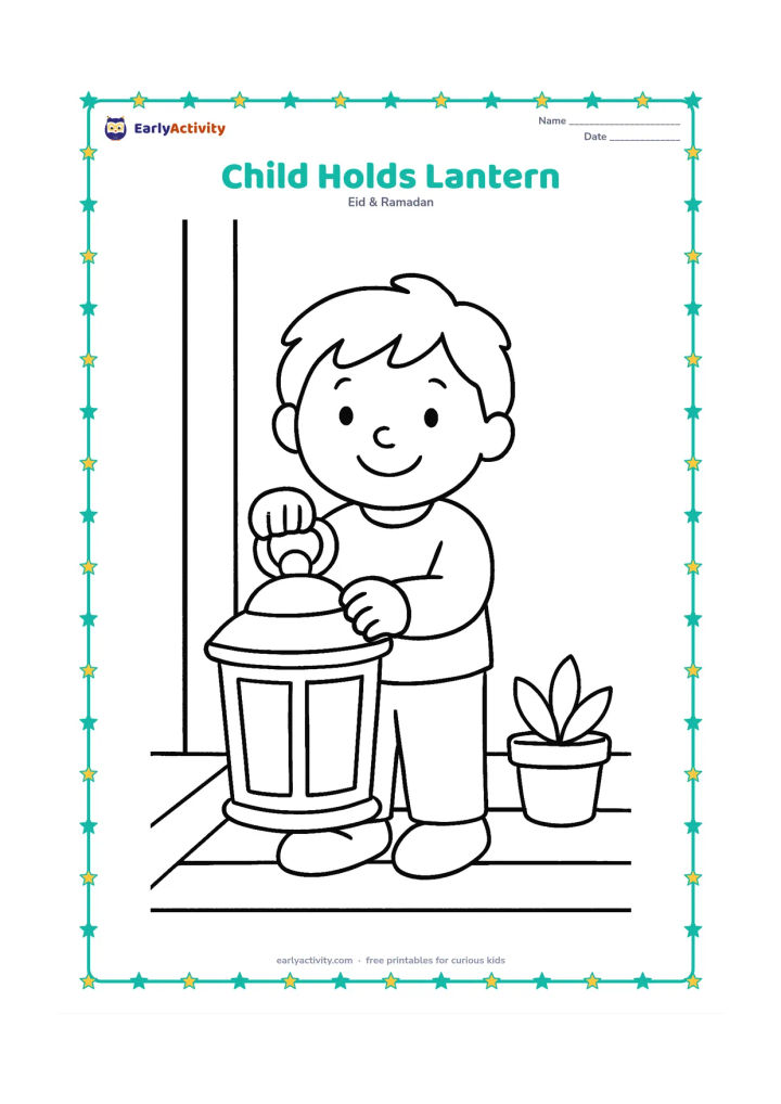 Colouring page: A smiling child holds a large lantern with both hands while standing beside a small potted plant on a porch.