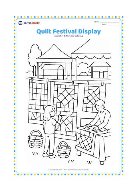 Colouring page: Several handmade quilts hang from a village display line at a daytime craft fair, with a child examining one quilt and an adult folding another. Add fabric baskets, canopy shapes, trees,…