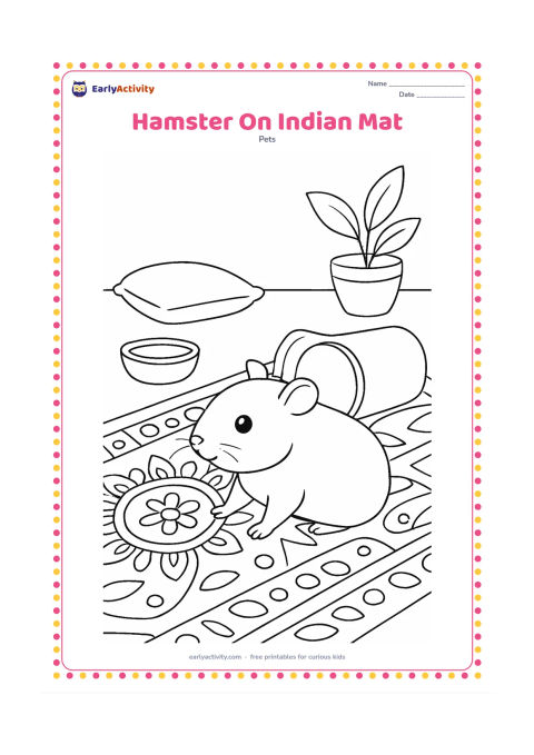 Colouring page: A hamster explores a clean indoor play area on a patterned Indian floor mat, passing a tunnel and a small bowl. Include a low cushion and a simple potted plant in the background.
